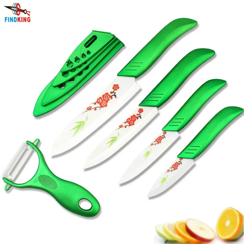 

FINDKING Beauty Gifts Zirconia green light kitchen Ceramic fruit Knife Set 3" 4" 5" 6" inch with Flower painted+ Peeler+Covers