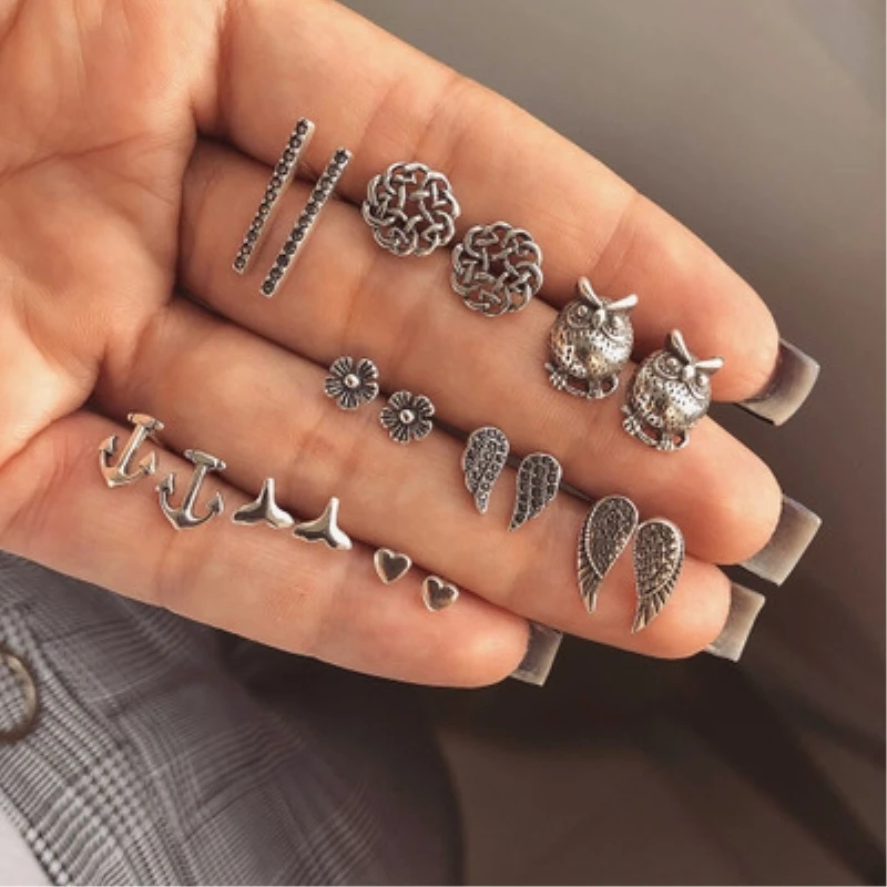 

9 Pairs/Pack Brincos Mixed Owl Feather Anchor Bohemian Stud Earrings Set For Women Crystal Ear Studs Fashion Jewelry Earrings