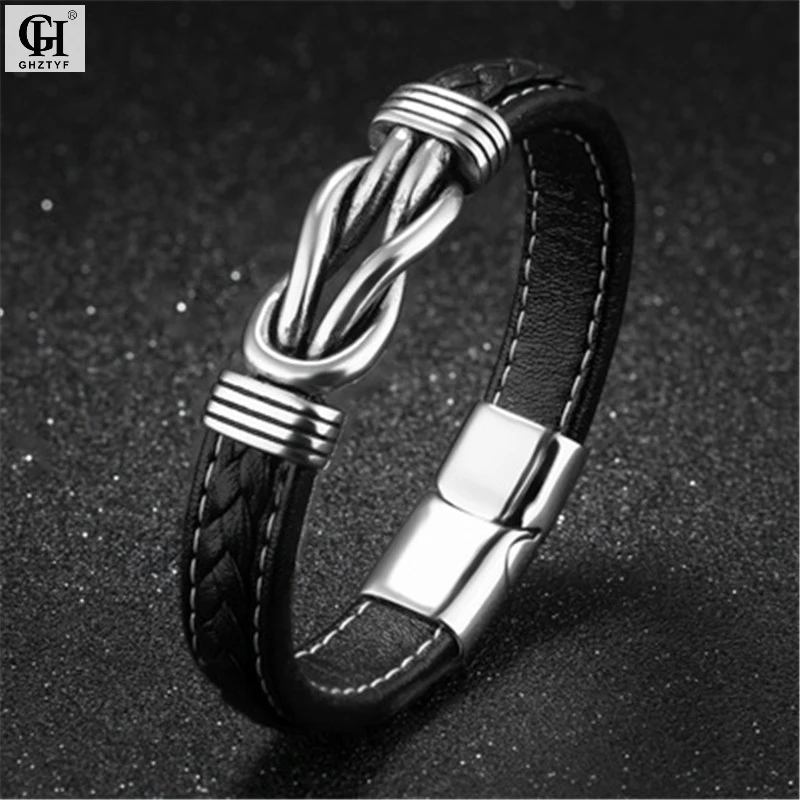 

Men Stainless Steel Genuine Leather Magnetic Buckle Bracelet Bangle Punk Cortex Bracelets For Men's Jewelry Pulseira Masculina