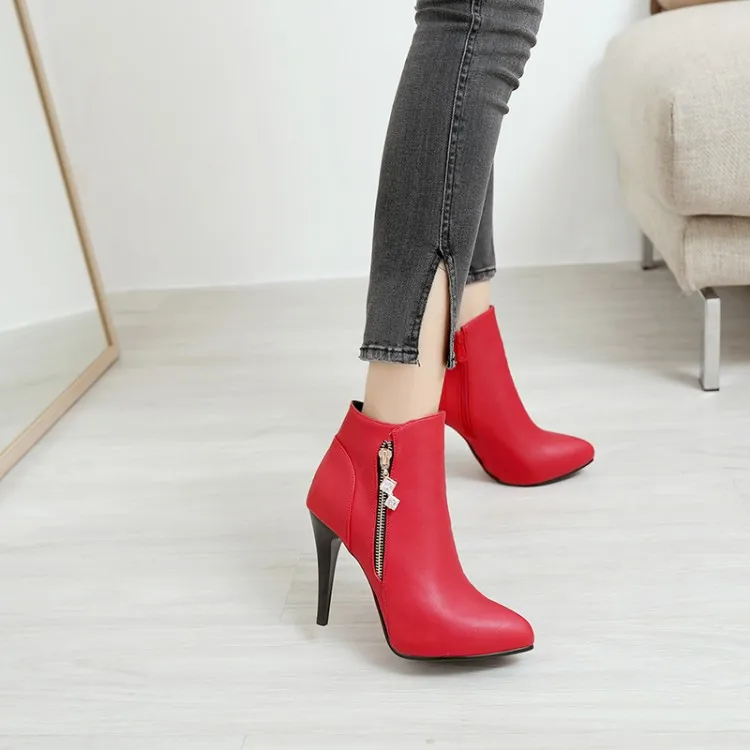 

Big Size 11 12 13 14 15 Ma'am Short boots Pure color Metal decoration Pointed Boot barrel High heel boots