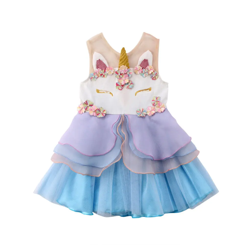 

2019 Brand New Summer Toddler Infant Kids Newborn Baby Girls Flower Lace Tulle Unicorn Chiffon Bridesmaid Party Formal Dress