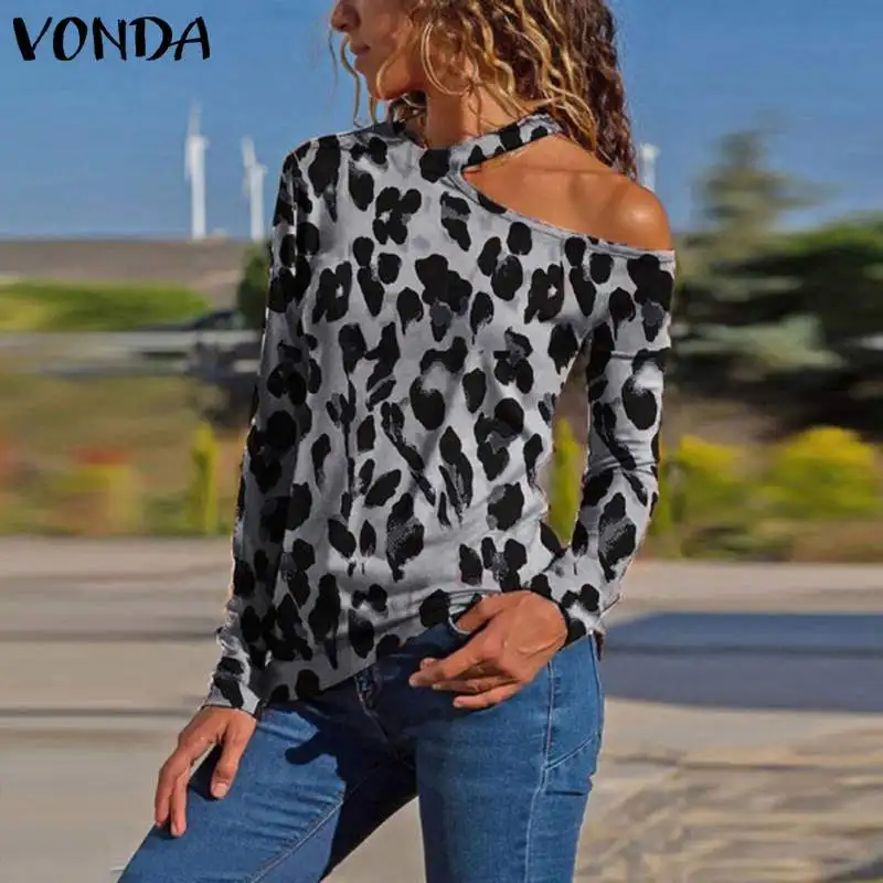  Leopard Printed Tops Women 2019 VONDA Sexy Oblique Collar Long Sleeve Loose Shirts Plus Size Beach 