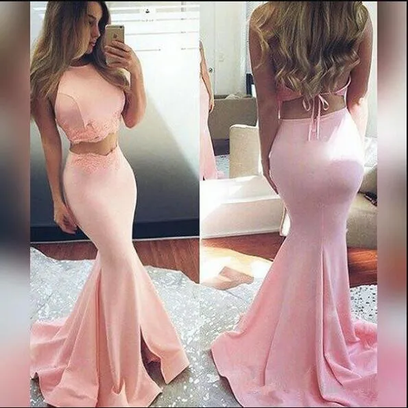 

vestido marsala Blush Pink Hot Two Pieces Prom Dresses 2017 Mermaid Halter Neck Open Back Long Train sexy Evening Party Gowns