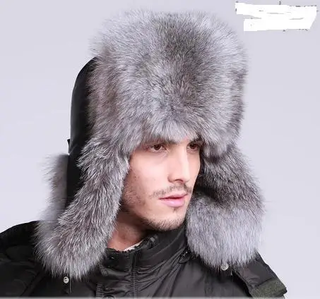 

natural sliver fox fur cap real genuine leather warm ear hat winter fur hats for men protector cap wholesale