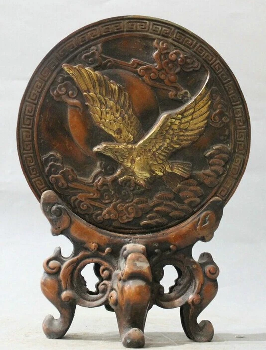

12" Chinese Fengshui Bronze Round eagle king of birds Hawk 3 Foot Shelf Screen