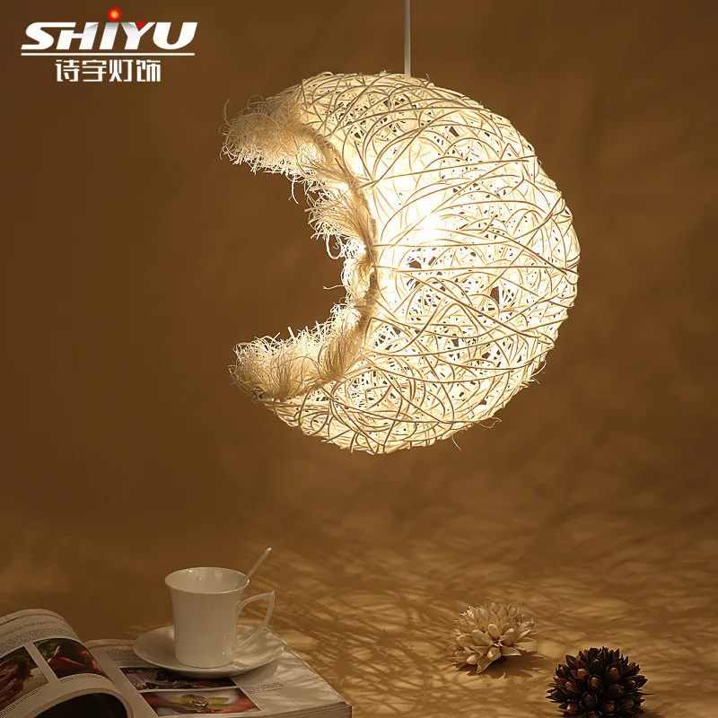 

American rattan restaurant bar LED chandelier bedroom lamps moon home fixtures living room suspended lamps cafe light fixture