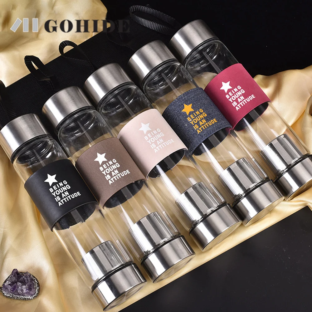 

JUH 1Pc Custom Logo In Bulk Business Gift Glass Bottle Leisure Water Bottle 450ml Heat Resistant Non-Slip Cover