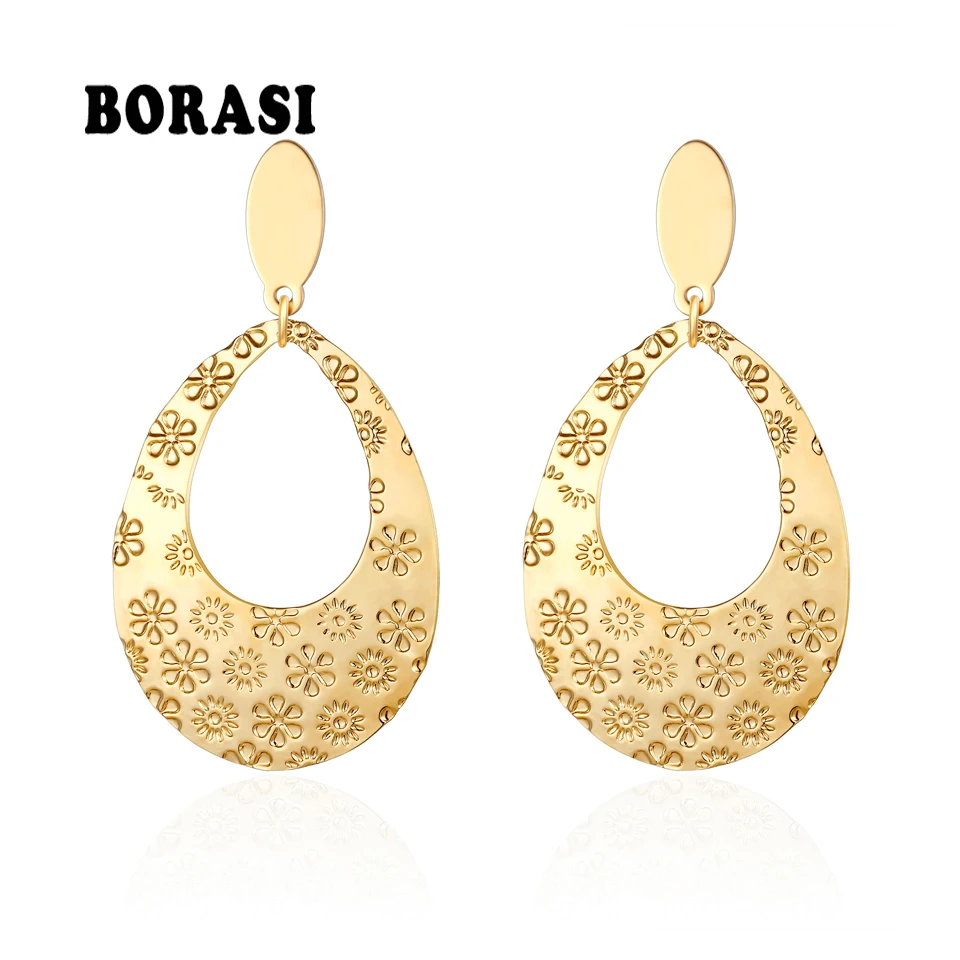 

BORASI Classic Water Drop Flower Big Dangle Earrings For Women Gold Color Stainless Steel Cute Earrings Lady Fashion Jewelry
