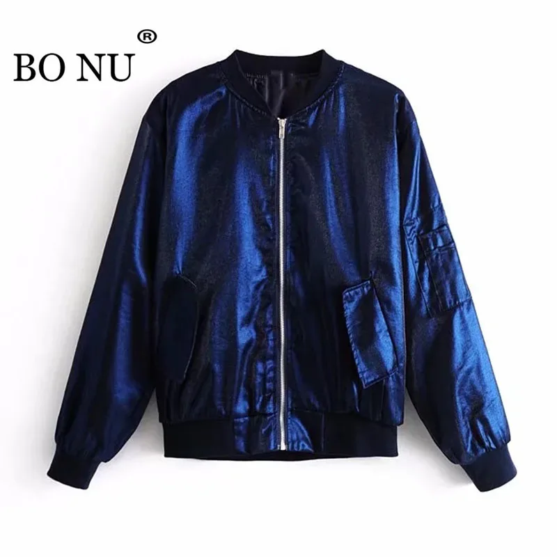 

BONU Women Velvet Glossy Bomber Jacket Loose Cascal Coat Long Sleeve Shimmer Women Jacket Zipper Spring Coat jaqueta feminina