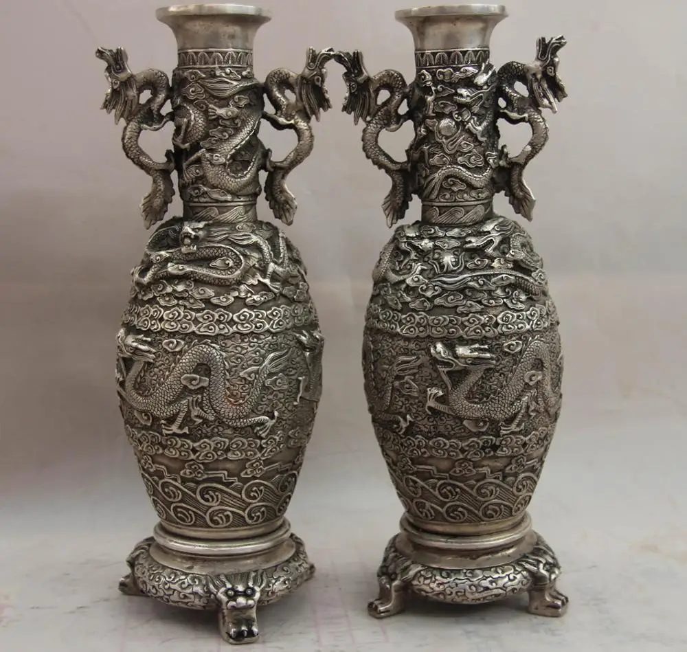 

China White Copper Silver Feng Shui God animal Dragon Play Bead Pot Vase Pair