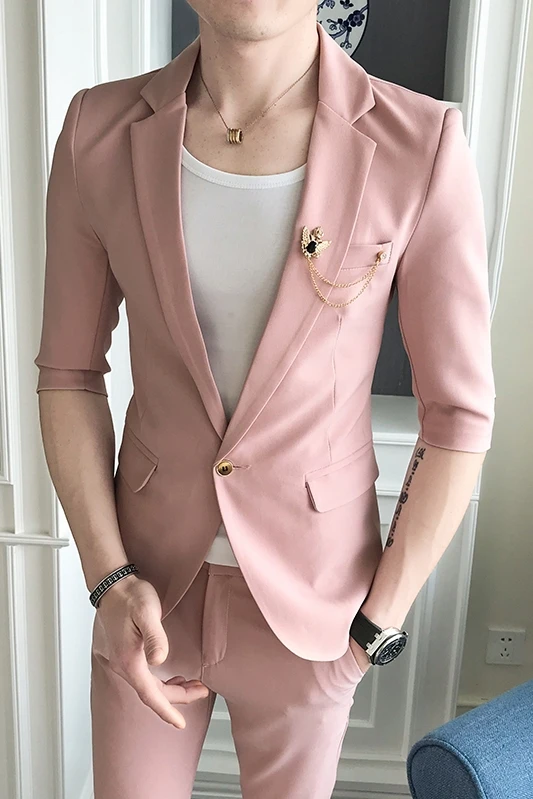 Куртка+ брюки) корейский модный тренд тонкий дикий Жених замужний мужской деловой повседневный летний костюм с рукавом семь