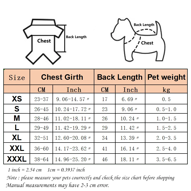 Cartoon Winter Coat For Dogs Size Chart