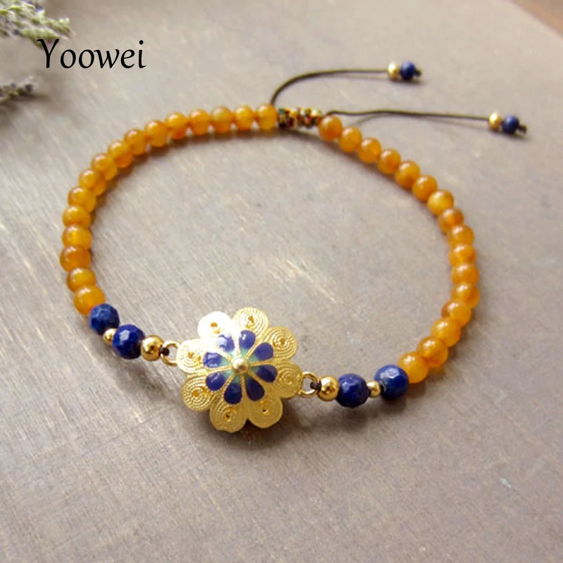 

Yoowei Wholesale Amber Bracelet for Women Enamel Design Natural Lapis Lazuli Baltic Round Amber Jewelry Adjustable Strand Bijoux