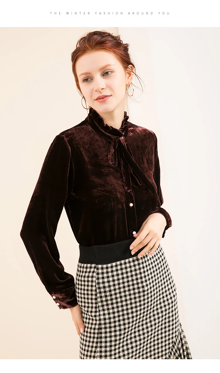 Модная и роскошная шелковая бархатная рубашка с волнистым воротником и галстуком