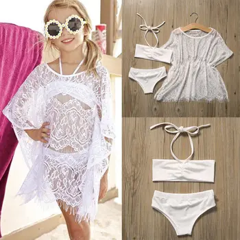 

Three Pieces Kids Girls Bikini Sets Lovely Summer Beachwear Outfits With Hollow Out Lace Cover Up Swimming Costume