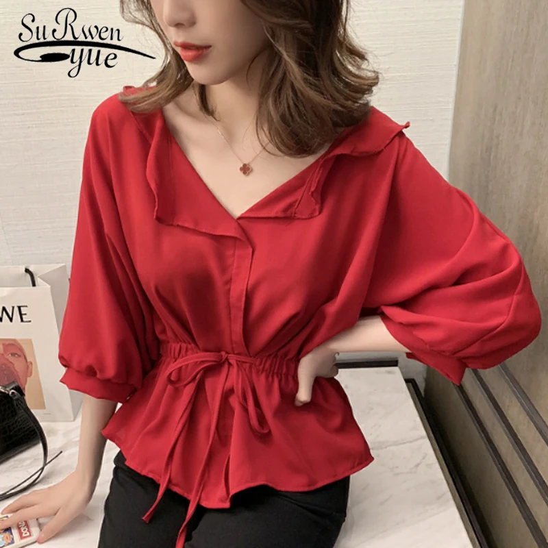 

Sexy V-neck Women Clothing Solid Women Tops and Blouse Korean Style Women Flare Sleeve Chiffon Blouse blusas 4990 50