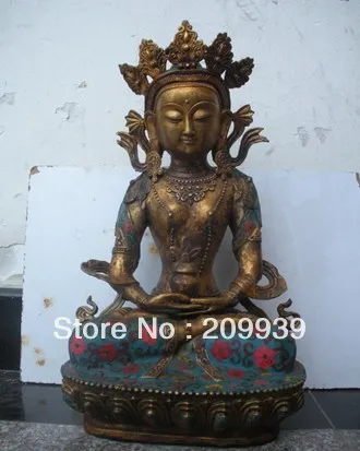 

001128 Tibet Fane Classical bronze cloisonne GuanYin Kwan-yin Amitayus buddha Statue