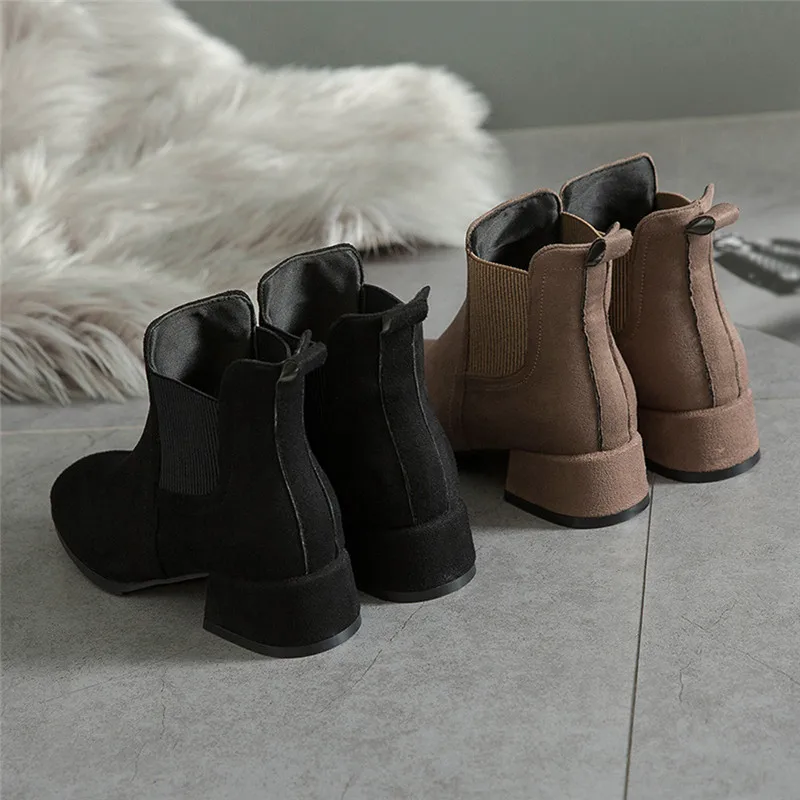 

Women Round Toe Shoes Thick Heel Booties Slip-On Suede Solid Color Boots Zapatos De Mujer Botas De Mulher Sapatos #A2