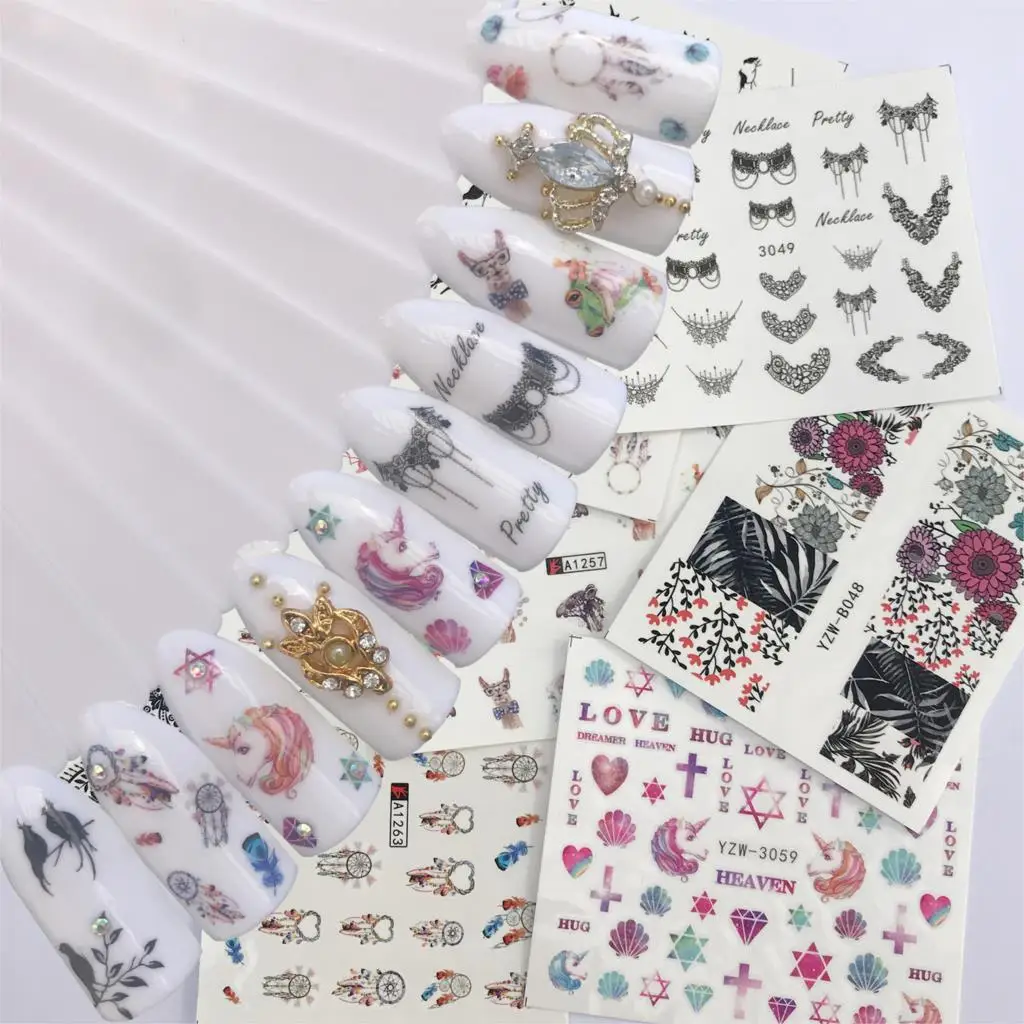 

YWK 1 Sheet Blooming Colorful Flower Nail Sticker Coconut Tree Water Decals Black Bird Wraps Sliders for Nail Art Decoration