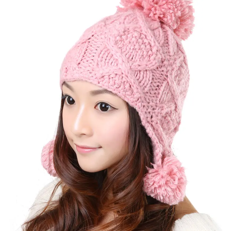 Sweet Winter Warm Wool Ear Muff Knitted Hat Baggy Beret Knit Braided Beanie Ski Hat Skully