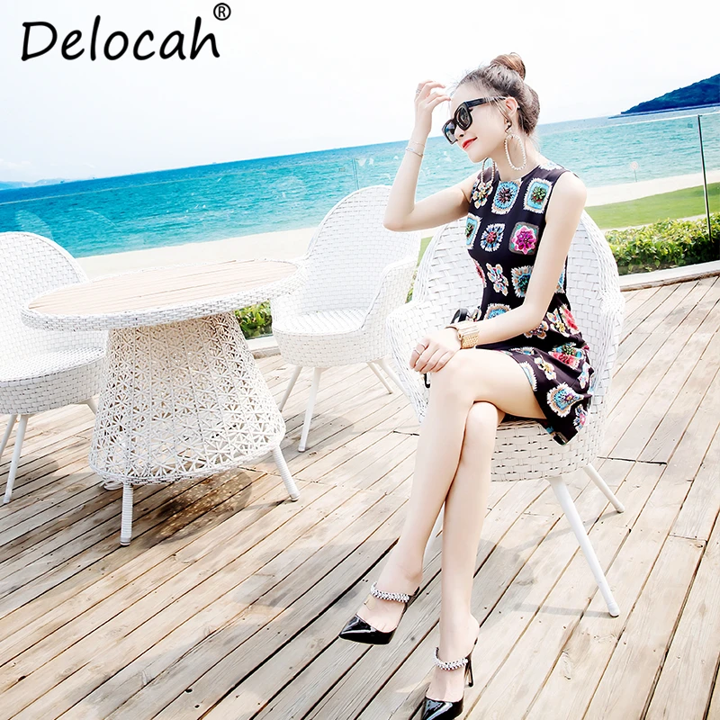 Delocah Women Summer Dress Runway Fashion Designer Sleeveless Gorgeous Beading Floral Print Elegant Casual Loose Short Dresses