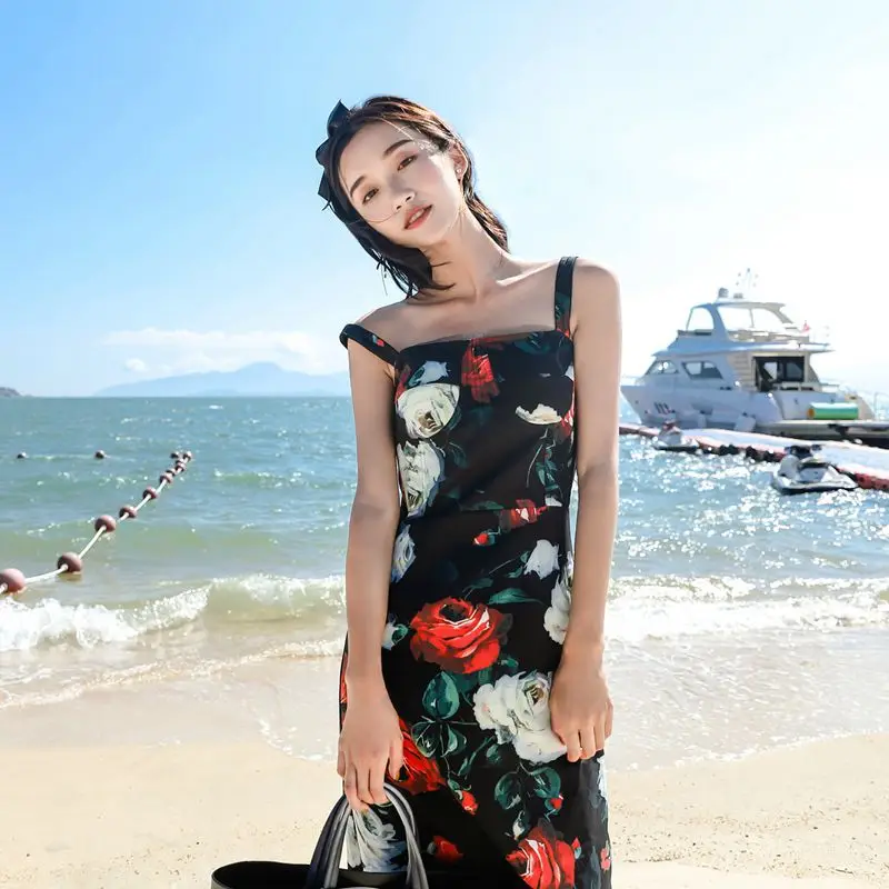 

Vintage Retro Elegant Woman Dress 2018 Spring Summer Print Split Women Dresses Spaghetti Strap Sleeveless Vestido