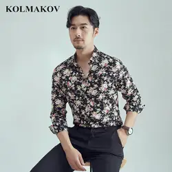 KOLMAKOV 2019 новые мужские рубашки с длинным рукавом с цветочным принтом модные социальные рубашки платье Горячая Распродажа Весна сорочка