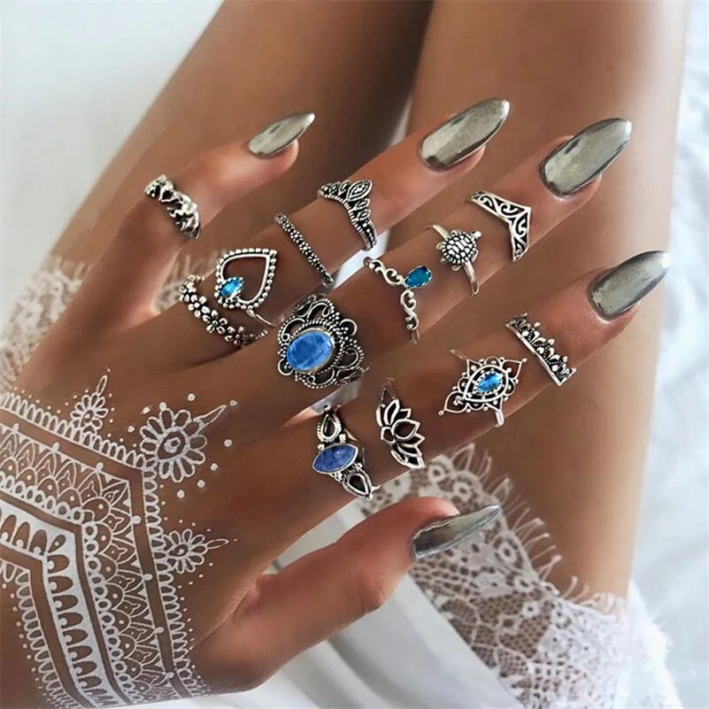 Женские кольца в богемном стиле с черепахой, ажурные, в форме лотоса, в форме сердца, с геометрическим кристаллом, набор серебряных колец, женские вечерние ювелирные изделия