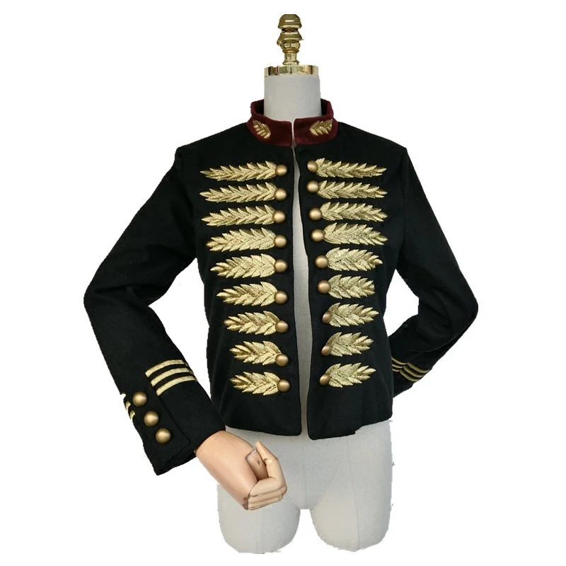 Finest  Womens Coat Gold Embroidery Jacket Stand Collar Military Court Cotton Outwear Black Slim Fit Coats 