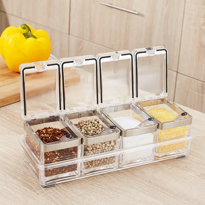 

Acrylic Clear Seasoning Box Separable Spice Rack Jar Salt Sugar Organizer Container with Cover Spoon Hot Sale