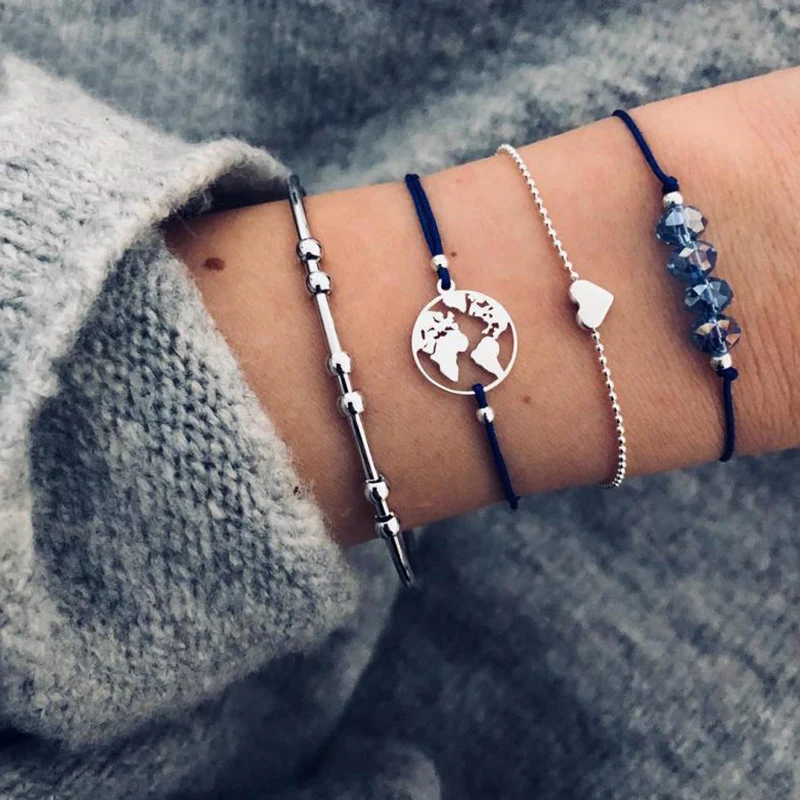 

4Pcs/Set Boho Hollow Map Bead Heart Leather Chain Crystal Silver Multilayer Bracelet Female Exquisite Party Clothing Accessories