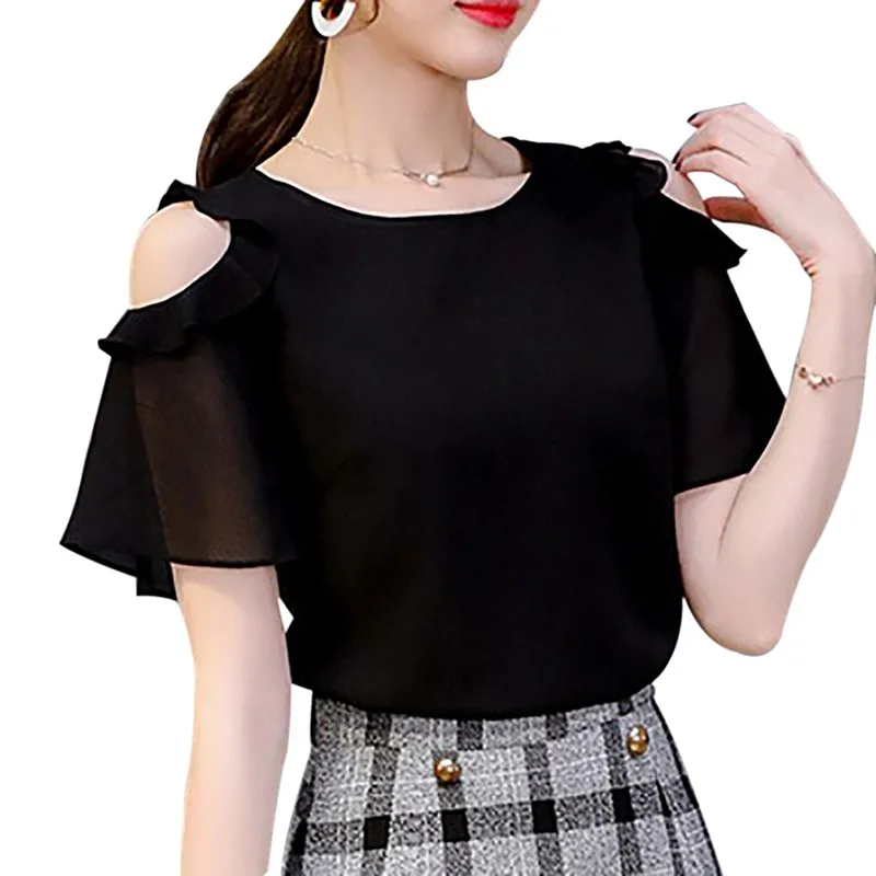 

New Ruffles Chiffon Shirts Women Summer Princess Sweet Off Shoulder Blouses Flouncing Tops