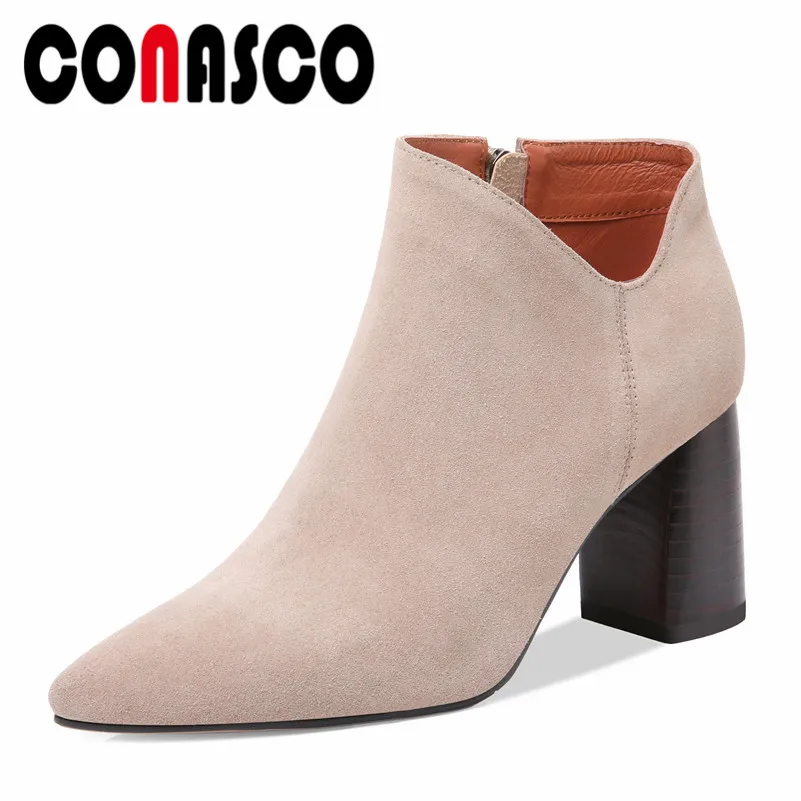 

CONASCO New 2018 Cow Suede Ankle Boots Side Zipper Autumn Winter Short Martin Shoes Woman High Heeled Motorcycle Boots