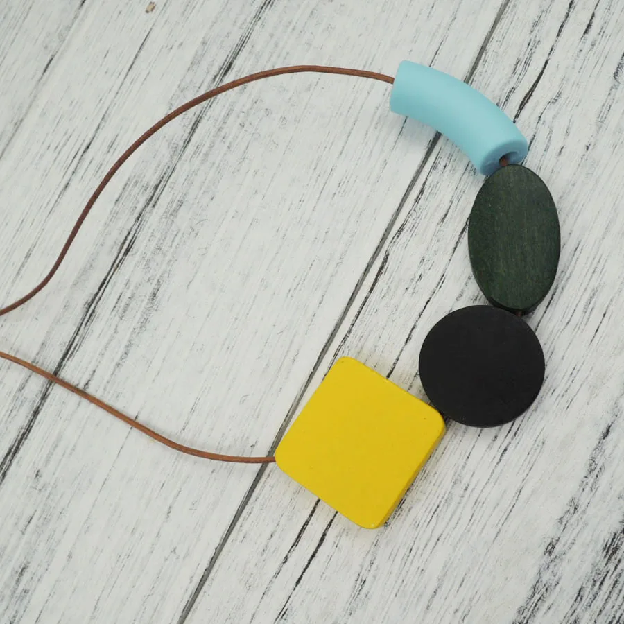 Геометрическое ожерелье из желтого дерева, минималистичный массивный кривой Овальный квадратный светильник с абстрактным кожаным шнуром NW088