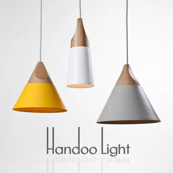 Конические подвесные светильники цветные деревянные и алюминиевые для столовой