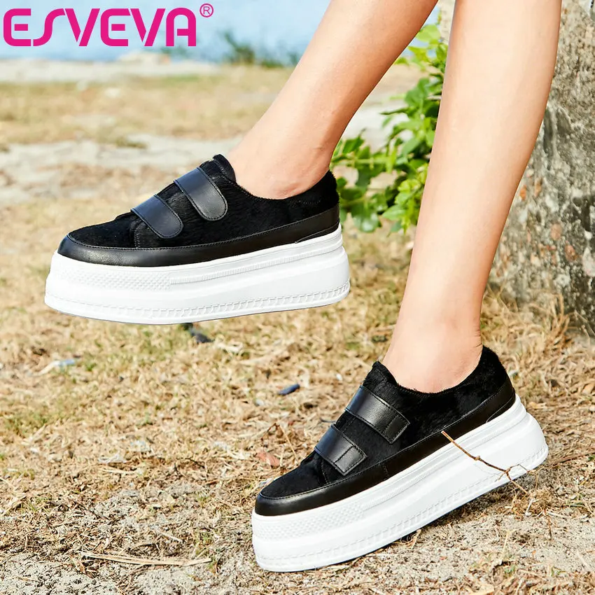 

ESVEVA 2019 Women's Vulcanize Shoes High Heels Hook & Loop Shoes Women Pumps Spring Horse Hair Round Toe Platform Size 34-40