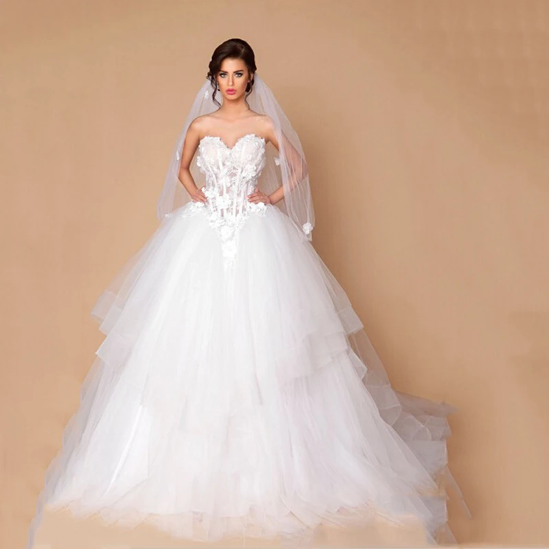 

Generous Sweetheart Appliqued Sheer Corest Flower Low Waist Sleeveless Tiered Puffy Princess Wedding Dresses