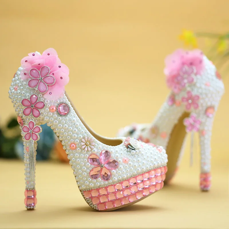 

wedding shoe crystal heel white Pearl bride evening dresses super higher heels celebrities pink flowers girls shoes for birthday