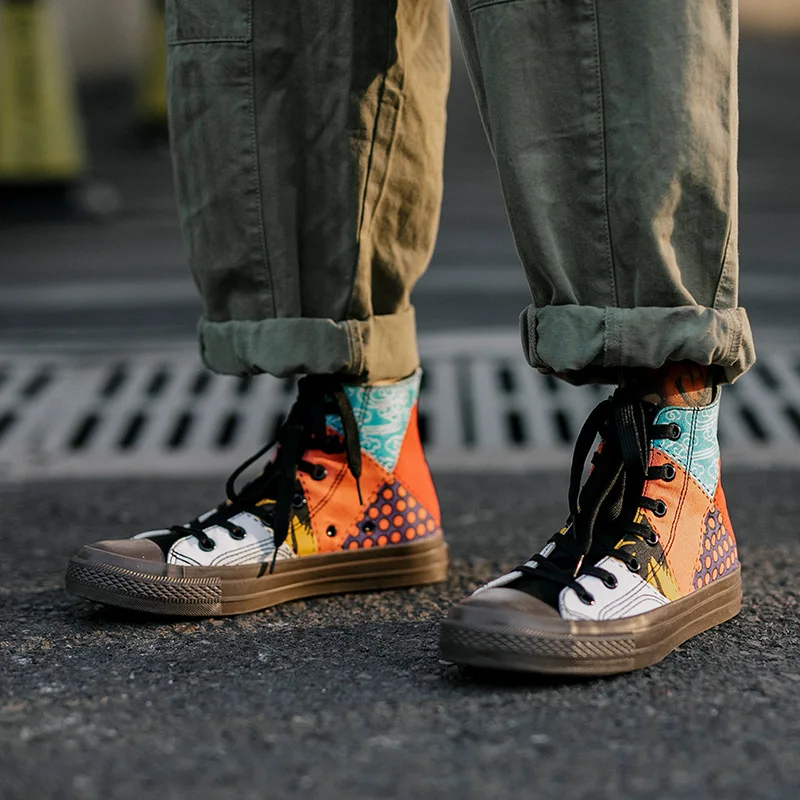 Парусиновая обувь для мужчин Смешанные цвета крутые модные кроссовки вулканизированные мужские высокие шнуровка хип-хоп камуфляжные