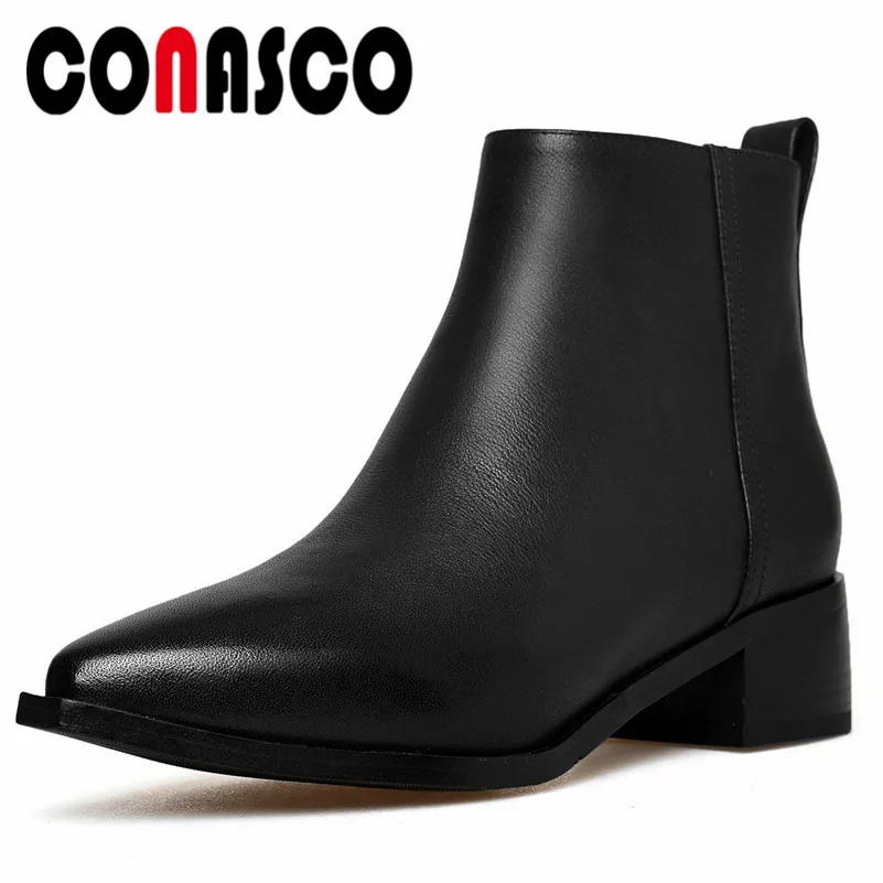 

CONASCO New Women Genuine Leather Ankle Boots High Heels Pointed Toe Basic Boots Soft Leather High Quality Motorcycle Boots