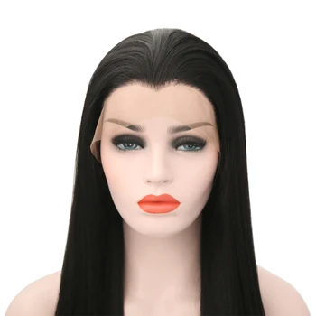 JOY&BEAUTY 22-28 Inch Long Silky Straight Black Synthetic Lace Front Wig Glueless Heat Resistant Fiber For Black White Women Wig 3