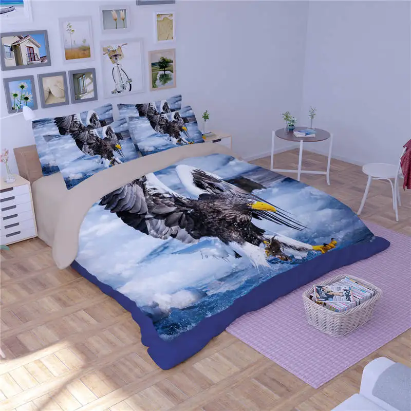 النسر البومة الطيور 3D المطبوعة المعزي طقم سرير التوأم كامل الملكة الملك الحجم لحاف/أغطية لحاف 3 قطعة الفتيات الكبار نوم الأزرق اللون