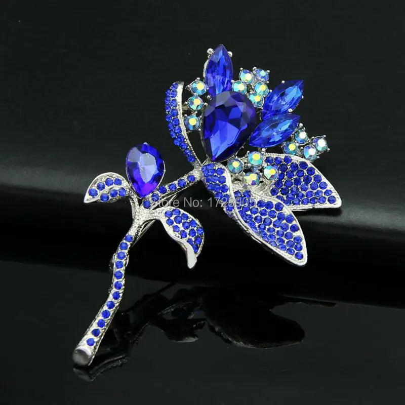 Silver Plated Flower Royal Blue Crystal Brooches Pin For Women Fashion Jewelry Large Rhinestone