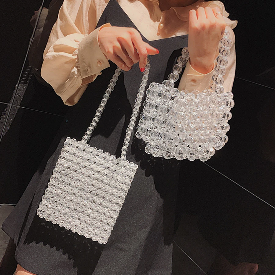 

Clear Pearls Beaded Bags for Women Handbags Elegant Transparent Acrylic Beading Shoulder Crossbody Bags Ladies Phone Bag Purse
