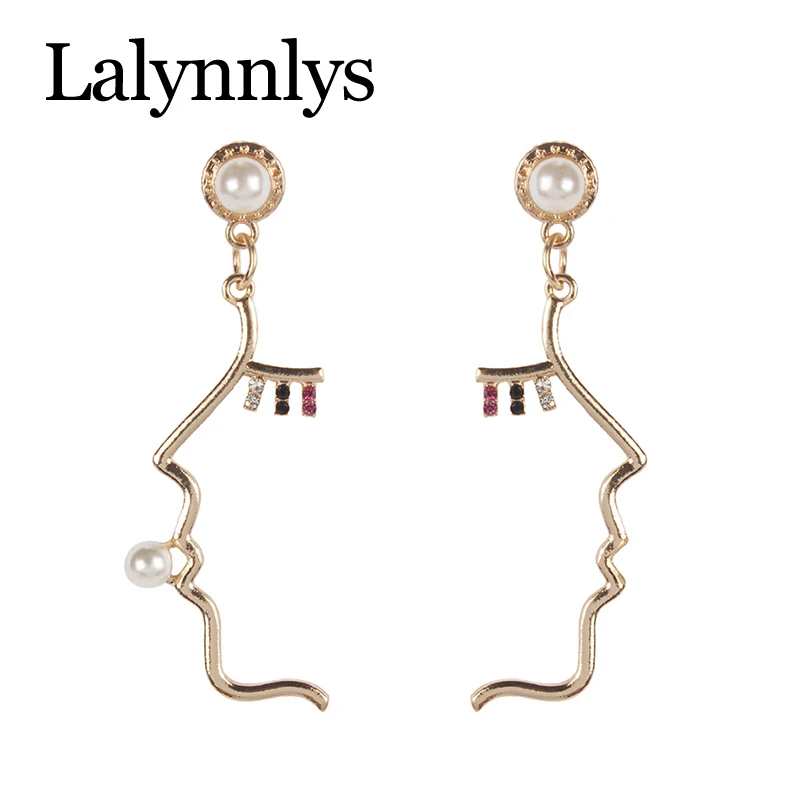

Lalynnlys Gold Color Girl Face Asymmetrical Earrings For Women Bijoux Simulated Pearl Rhinestone Female Earrings Jewelry E50351