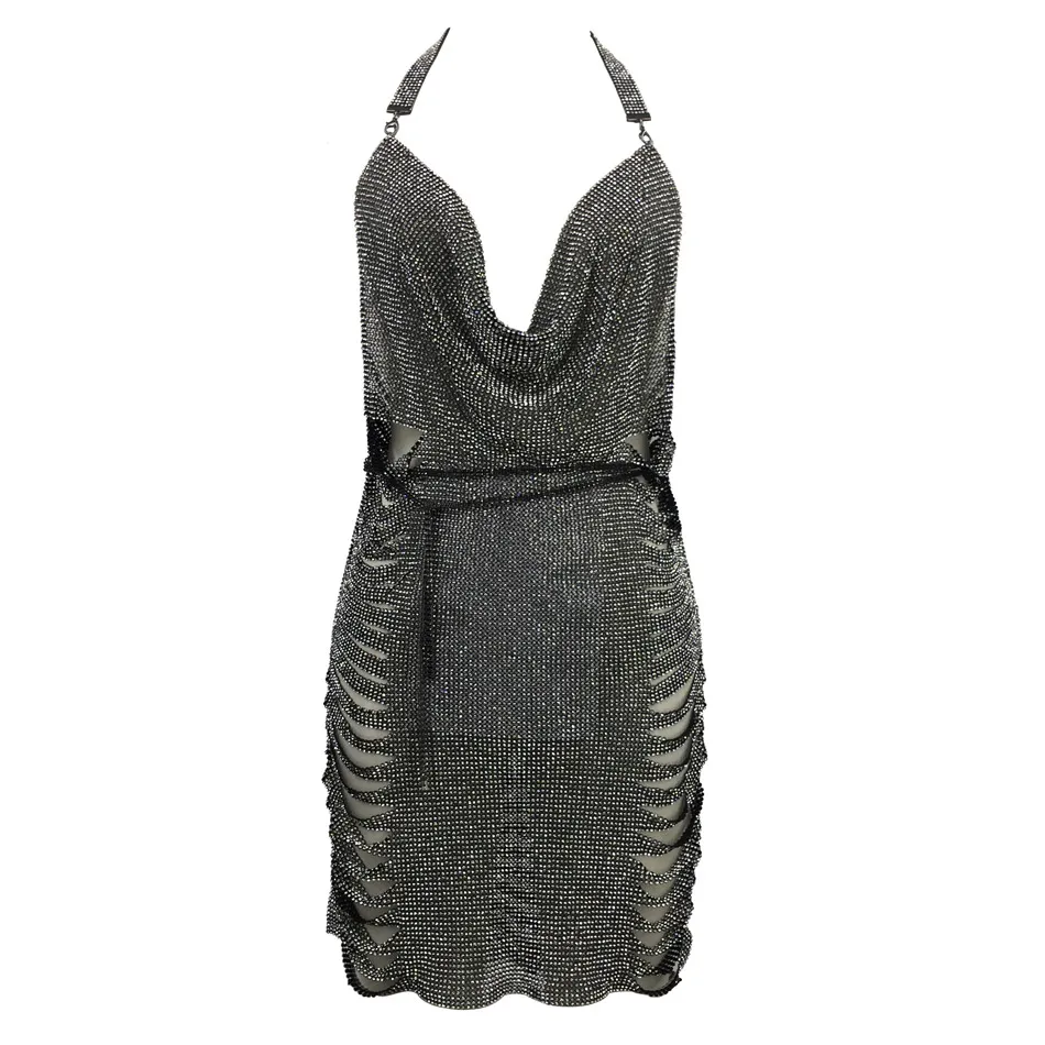 S Curve мини-платье с вырезами и кристаллами, Стразы ручной работы, Холтер, v-образный вырез, Боковой разрез, открытая спина, металлическое Сетчатое платье - Цвет: black