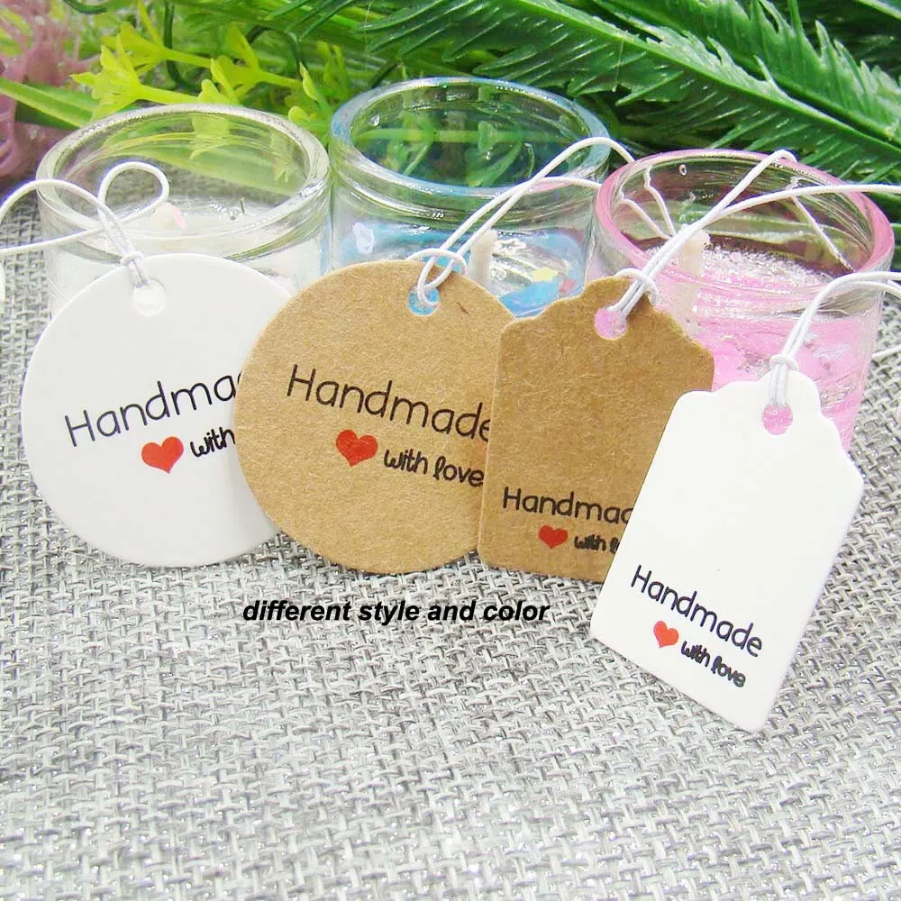 100pc 4x2cm Kraft Paper Tags with Strings Handmade with Love Hang
