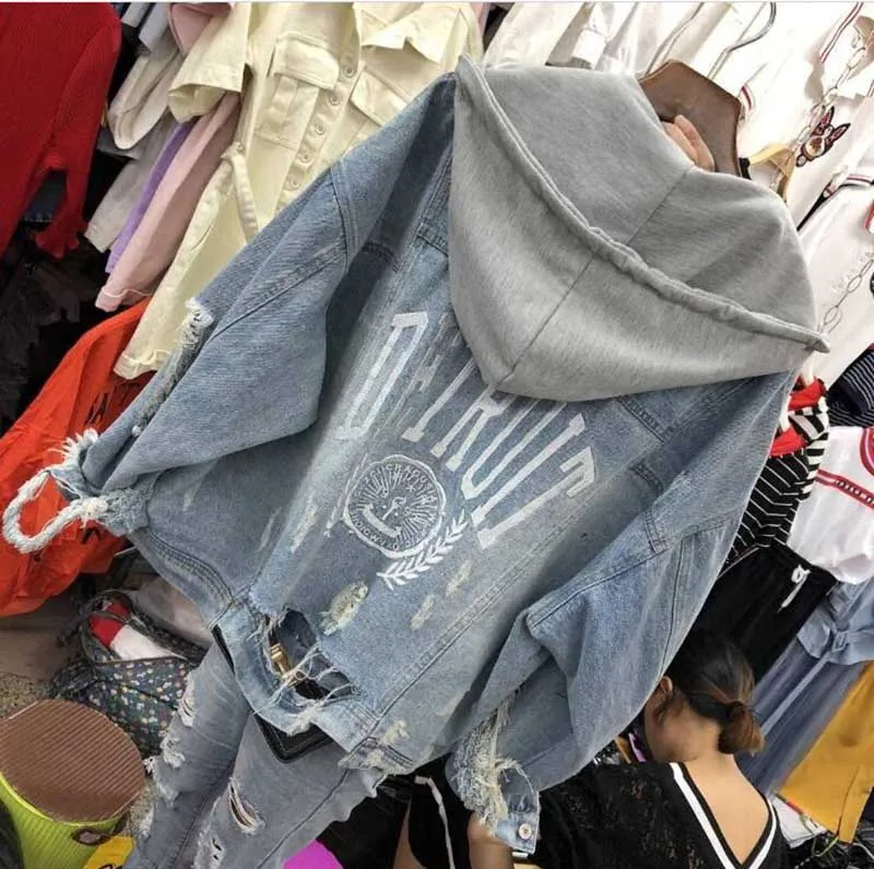 discounted  spring hooded jacket women Hole Plus size denim Coat embroidery jeans jacket women Casual Long Slee