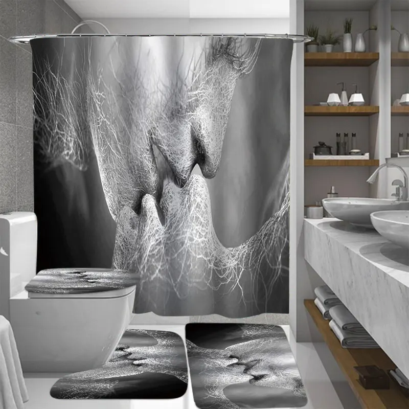 

Black & White Love Kiss Abstract Art Curtains Waterproof Bathroom Shower Curtain Anti-slip Toilet Seat Mat Floor Mat Rug Set