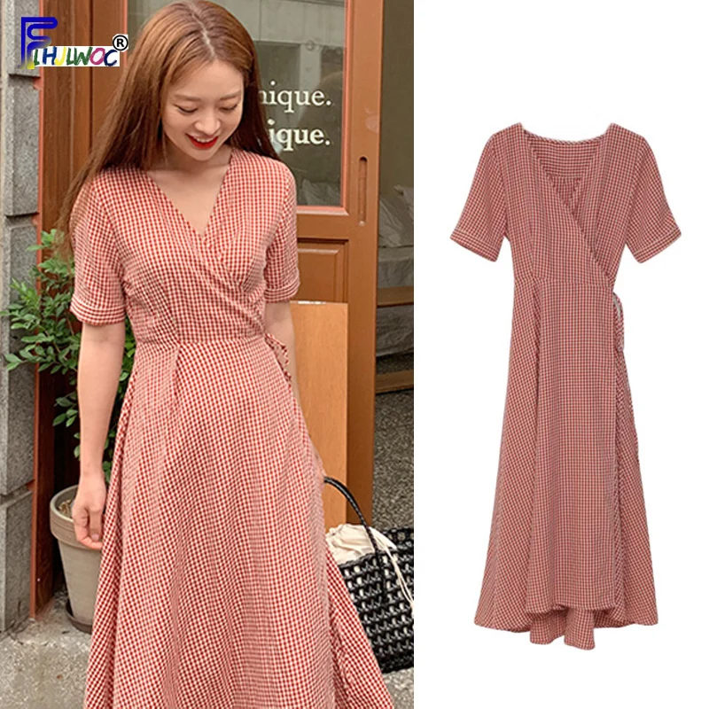 

Red Plaid Dresses Women Summer Casual Korea Japan Preppy Style Temperament Lady Shirt Dress Cotton Linen Vintage 6228